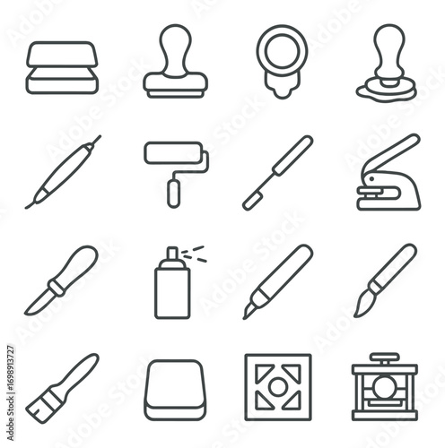 Art tools linear icon set. featuring eraser, stamp, stylus, roller, cutter, spray, pen, brush, and press symbols