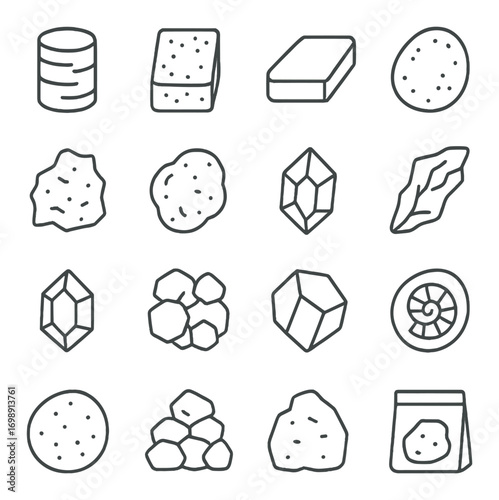 Minerals and rocks linear icon set. featuring ammonite, salt, sandstone, limestone, quartz, coal, pyrite, and geode symbols