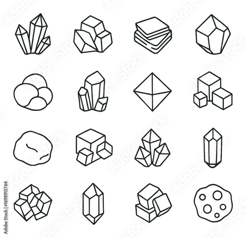 Geometric crystals linear icon set. featuring quartz, diamond, cluster, mineral, gem, and stone symbols