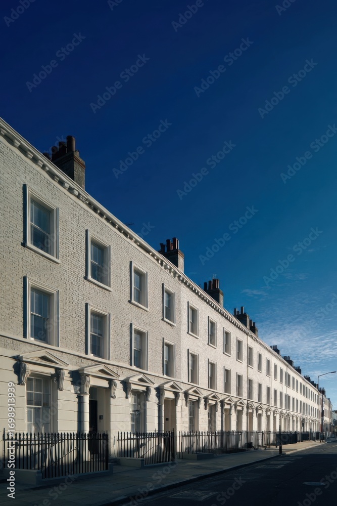 Obraz premium Neatly arranged rows of charming white townhouses gracefully line the street, creating a picturesque scene beneath a vast and vibrant deep blue sky on a beautiful clear afternoon