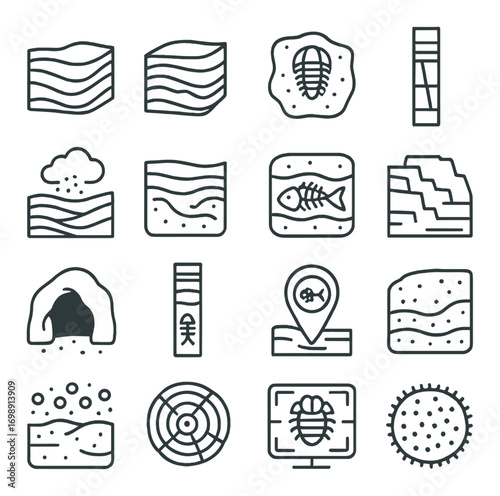 Fossil exploration linear icon set. featuring trilobite, sediment, strata, rock layers, ammonite, and geology symbols