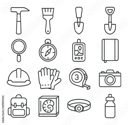 Camping and hiking linear icon set. featuring hammer, brush, trowel, compass, and map symbols
