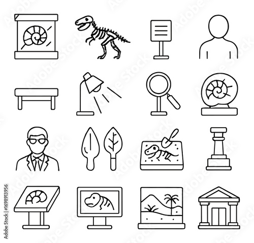Museum artifact linear icon set. featuring fossil, dinosaur, exhibit, magnifying glass, sculpture, and monument symbols