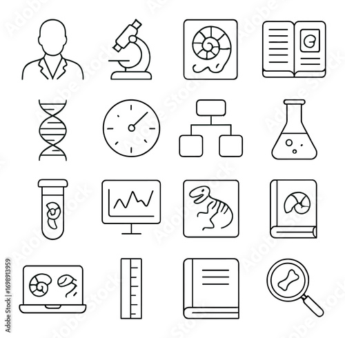 Science laboratory linear icon set. featuring scientist, microscope, dna, flask, test tube, and fossil symbols