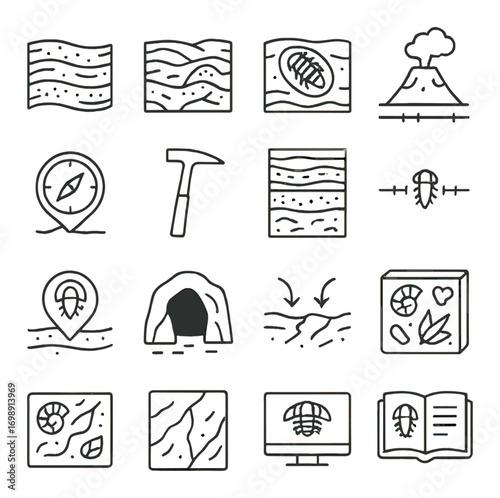 Geology and paleontology linear icon set. featuring fossils, stratigraphy, volcano, and excavation tools.