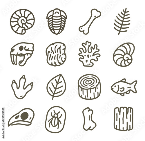 Paleontology linear icon set. featuring ammonite, trilobite, fern, bone, fossil, dinosaur, and fish symbols.