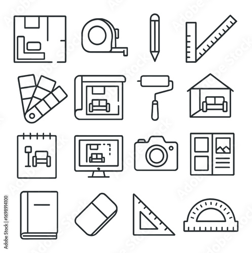 Home design linear icon set. featuring blueprint, tape measure, pencil, ruler, and paint roller symbols