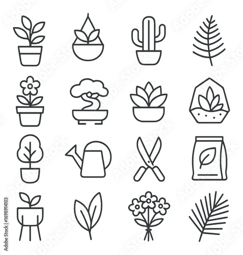Gardening linear icon set. featuring plant, flower, cactus, bonsai, watering can, shears, fertilizer, and leaf symbols