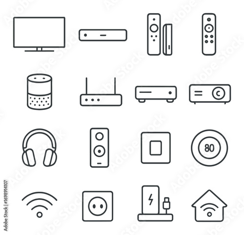 Smart home devices linear icon set. featuring tv, remote, speaker, router, and thermostat symbols