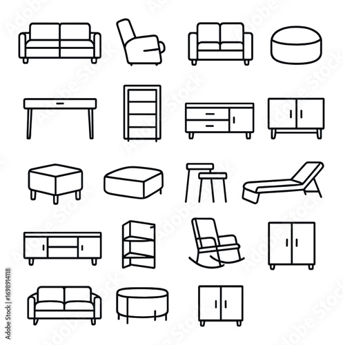 Furniture linear icon set. featuring sofa, armchair, ottoman, table, bookshelf, cabinet, and chaise lounge symbols