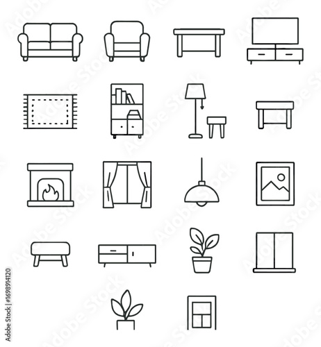Home furniture linear icon set. featuring sofa, armchair, table, tv stand, rug, bookshelf, lamp, stool, and fireplace