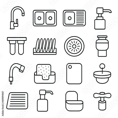 Kitchen essentials linear icon set. featuring faucet, sink, soap dispenser, filter, dish rack, and strainer icons