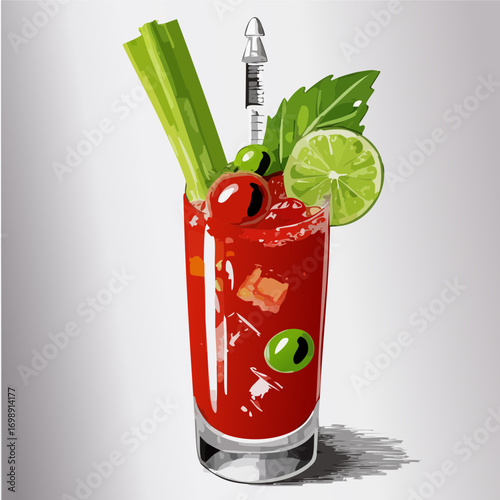 Bloody Mary Vector Cocktail Collection with Celery, Lime, and Spooky Garnishes