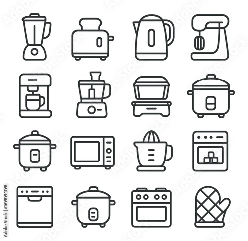 Home appliances linear icon set. featuring blender, toaster, kettle, mixer, coffee maker, microwave, juicer, and oven symbols