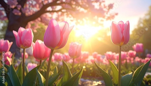 A field of vibrant pink tulips bathed in golden sunlight, showcasing the beauty of a spring day.