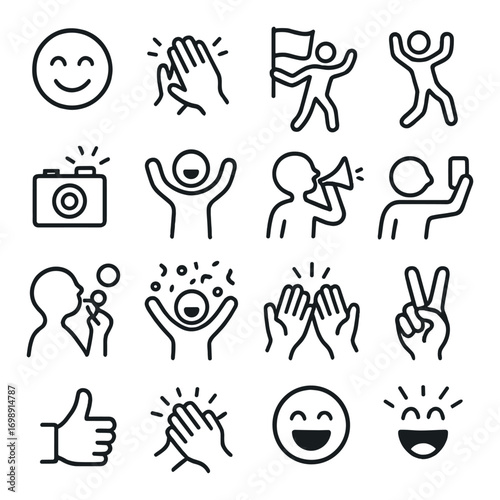 Celebration linear icon set. featuring smile, clapping, flag waving, cheering, camera, and victory symbols