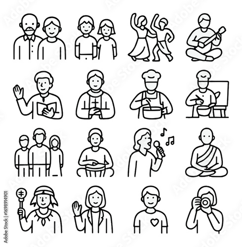 Community and occupations linear icons set. featuring family, dance, music, cooking, teaching, public speaking, photography