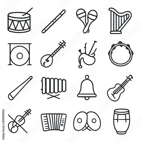 Musical instruments linear icon set. featuring drum, maracas, harp, bagpipes, and tambourine