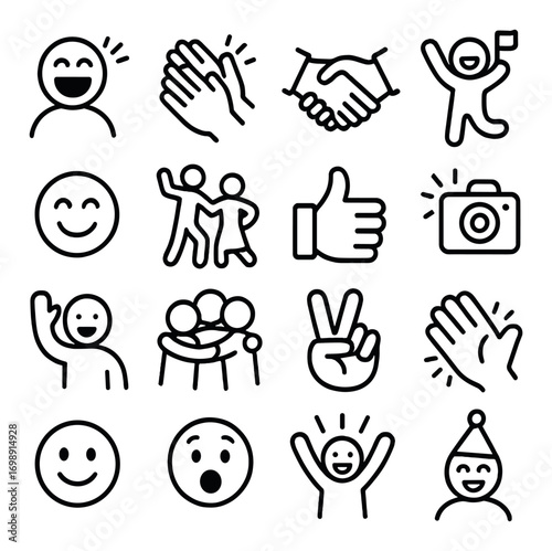Social interaction linear icons set. featuring smile, clapping, handshake, dancing, thumbs up, and celebration symbols