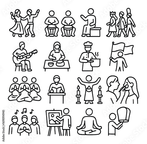 Cultural activities linear icon set. featuring dance, music, meditation, art, cooking, and parade symbols