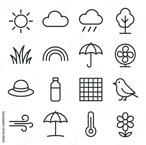 Weather and nature linear icon set. featuring sun, cloud, rain, tree, grass, rainbow, umbrella, and more symbols.
