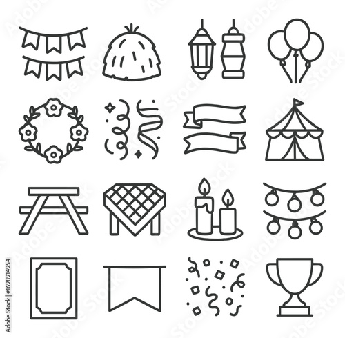Celebration linear icon set. featuring banners, lanterns, balloons, wreath, tent, table, candles, lights