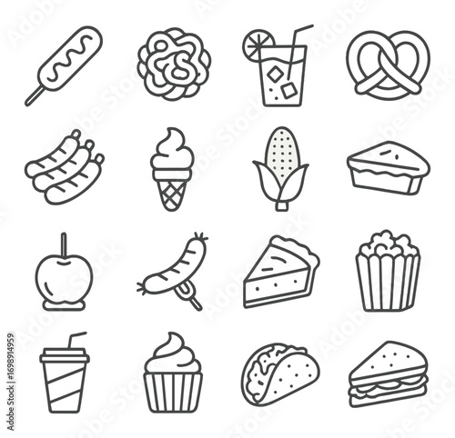 Food and snack linear icon set. featuring corn dog, pretzel, ice cream, pie, popcorn, taco, and sandwich symbols