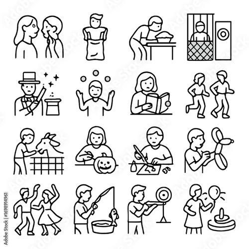Recreation activities linear icon set. featuring dancing, reading, painting, magic, and fishing symbols