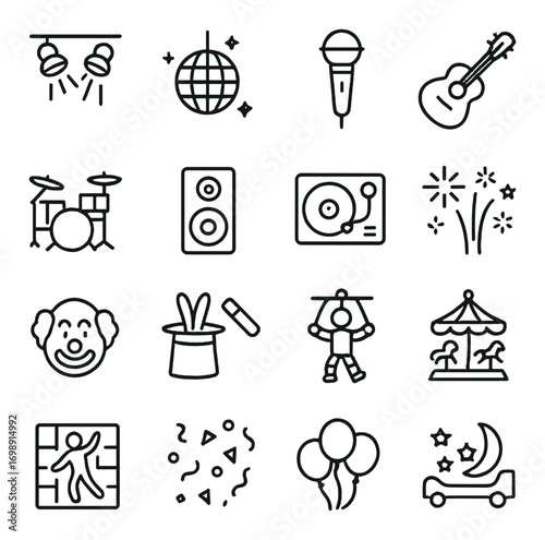 Entertainment linear icon set. featuring lighting, disco ball, microphone, guitar, drums, speaker, dj, fireworks