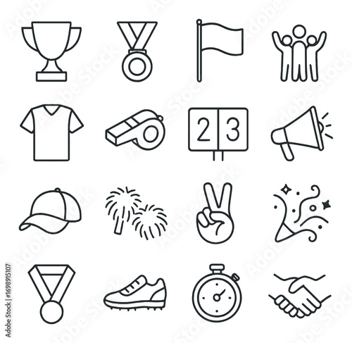 Sports event linear icon set. featuring trophy, medal, flag, team, whistle, scoreboard, speaker symbols