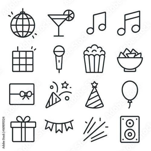 Party and celebration linear icon set. featuring disco ball, cocktail, music notes, popcorn, gift, and more