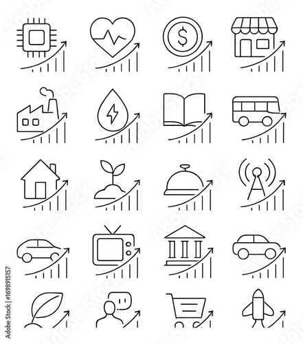 Business growth linear icons set. featuring chip, heart, dollar, store, factory, energy, book, bus, house, seedling