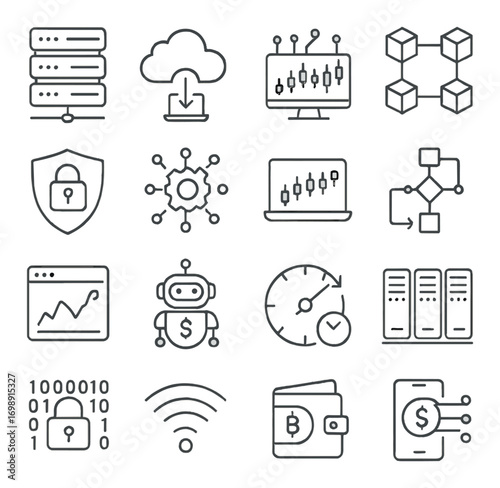 Finance and technology linear icon set. featuring blockchain, cloud, cybersecurity, network, ai, and analytics symbols