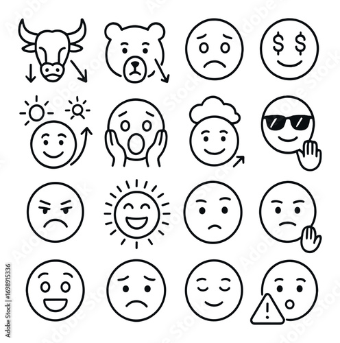 Emotion faces linear icons set. featuring happy, sad, angry, surprised, worried, and laughing symbols