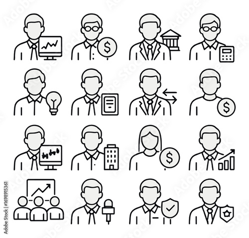 Finance and business linear icons set. featuring graph, money, bank, calculator, contract, and strategy symbols