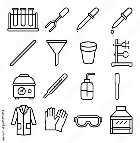 Science laboratory linear icon set. featuring test tube, pipette, funnel, beaker, and gloves symbols