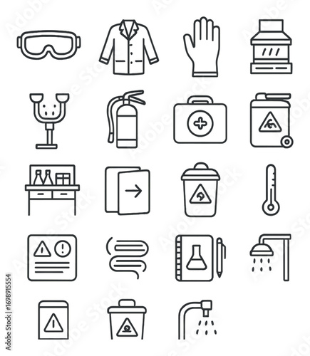 Lab safety equipment linear icons set. featuring goggles, coat, gloves, extinguisher, shower, and thermometer symbols