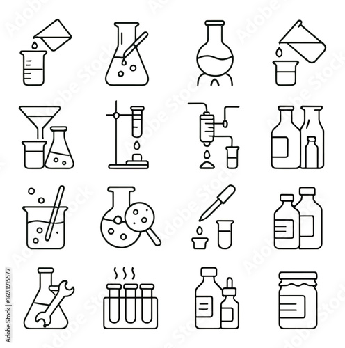 Chemistry linear icon set. featuring beaker, flask, test tube, pipette, and chemical reaction symbols