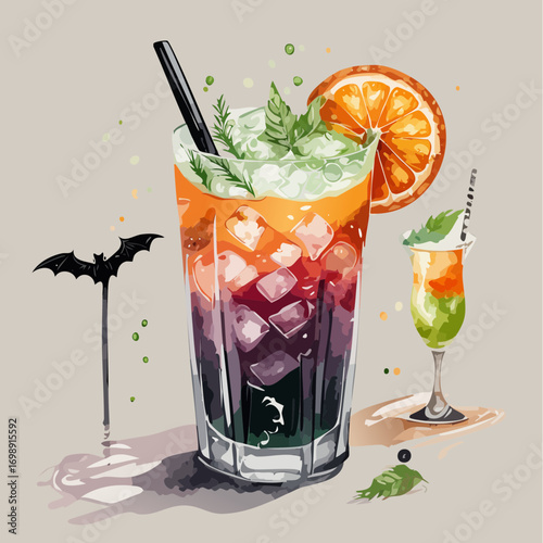 Dracula’s Bite Vector Cocktail Collection with Dark Layers and Spooky Halloween Garnishes
