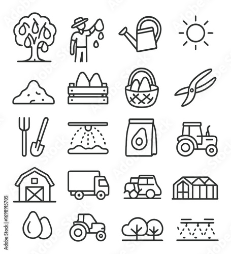 Farming and agriculture linear icon set. featuring farmer, sun, watering can, tractor, barn, and truck symbols