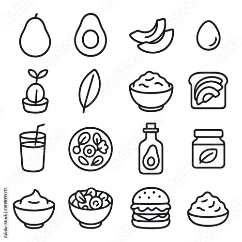 Healthy food linear icon set. featuring avocado, salad, burger, rice, toast, and smoothie symbols