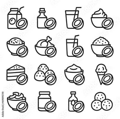Coconut products linear icon set. featuring milk, oil, drink, yogurt, curry, rice, cake, sweets, spread, and ice cream