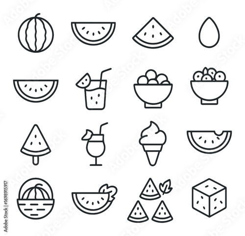 Food and drink linear icon set. featuring watermelon, juice, ice cream, and fruit bowl symbols