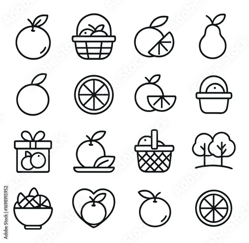 Fruit and nature linear icon set. featuring orange, basket, slice, pear, lemon, and tree symbols