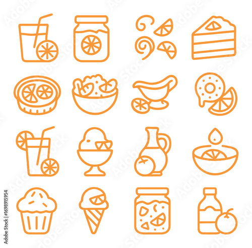 Food and drinks linear icon set. featuring lemonade, jam, salad, cake, donut, muffin, ice cream, and sauce symbols