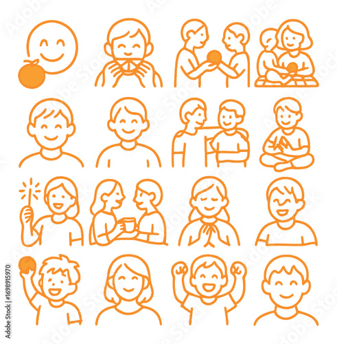 Positive interaction linear icons set. featuring smiley, handshake, gratitude, conversation, happiness, celebration, and meditation