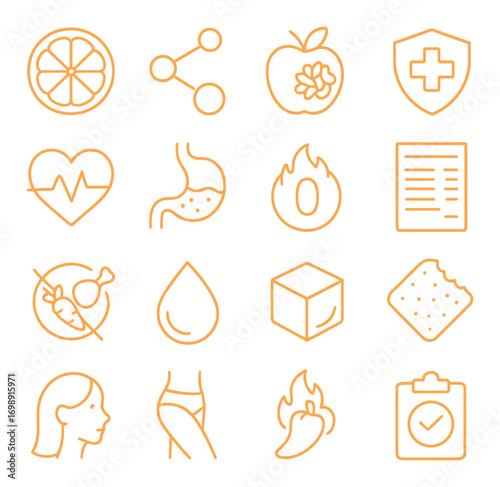 Nutrition and health linear icon set. featuring fruit, share, medicine, heart, stomach, fire, document, diet, wellness