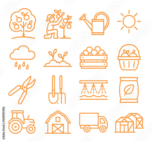 Agriculture linear icon set. featuring tree, gardener, watering can, sun, rain, sprouts, harvest, basket, and tools symbols