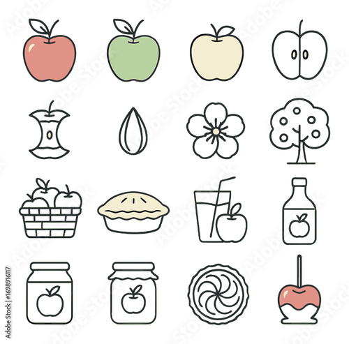 Apple-themed flat icon set. featuring apple, slice, seed, blossom, tree, basket, pie, juice, cider, jar, caramel