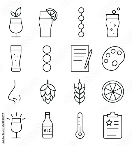 Brewery and beer linear icon set. featuring beer, hops, grains, tasting, bubbles, notes, thermometer, citrus, aroma